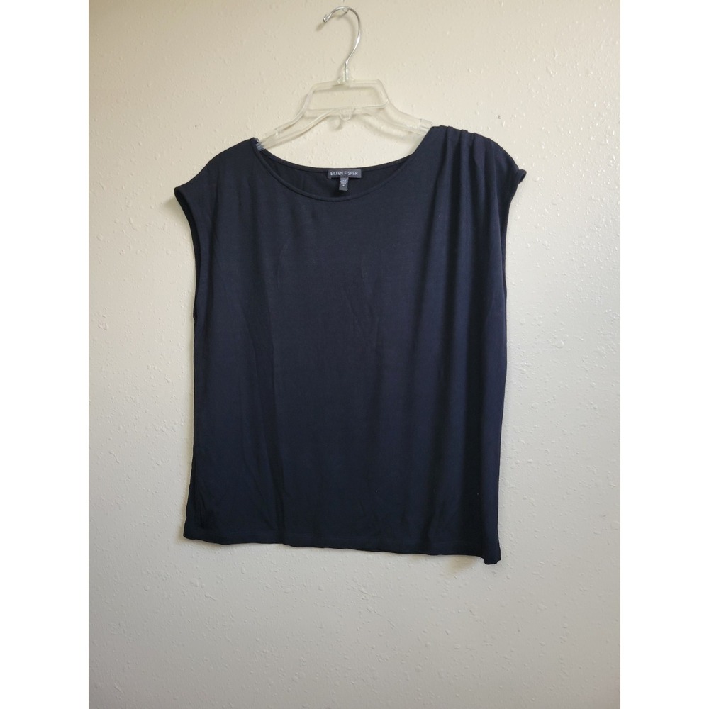 Eileen Fisher Black Viscose Lycra Boat Neck Sleeveless Top Small